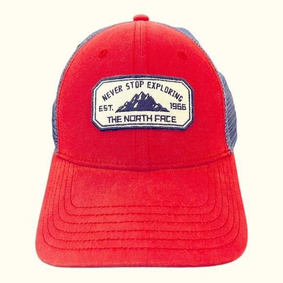 The North Face Patches Trucker Hat Never Stop Exploring Red Navy One Size - Picture 1 of 12